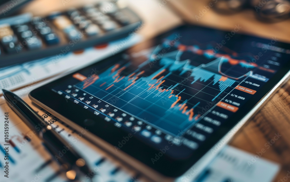A close-up of financial graphs and charts on paper, with an iPad displaying data in the background A close-up of financial graphs and charts on paper, with an iPad displaying data in the background