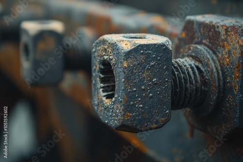 A close-up shot of a bolt and nut on a piece of metal, ideal for use in industry or manufacturing illustrations