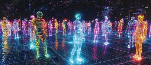 Interactive digital avatars populate a vibrant virtual reality world, surrounded by rich grids and textures, representing the future of AI and gaming, merging visual elements from both digital and