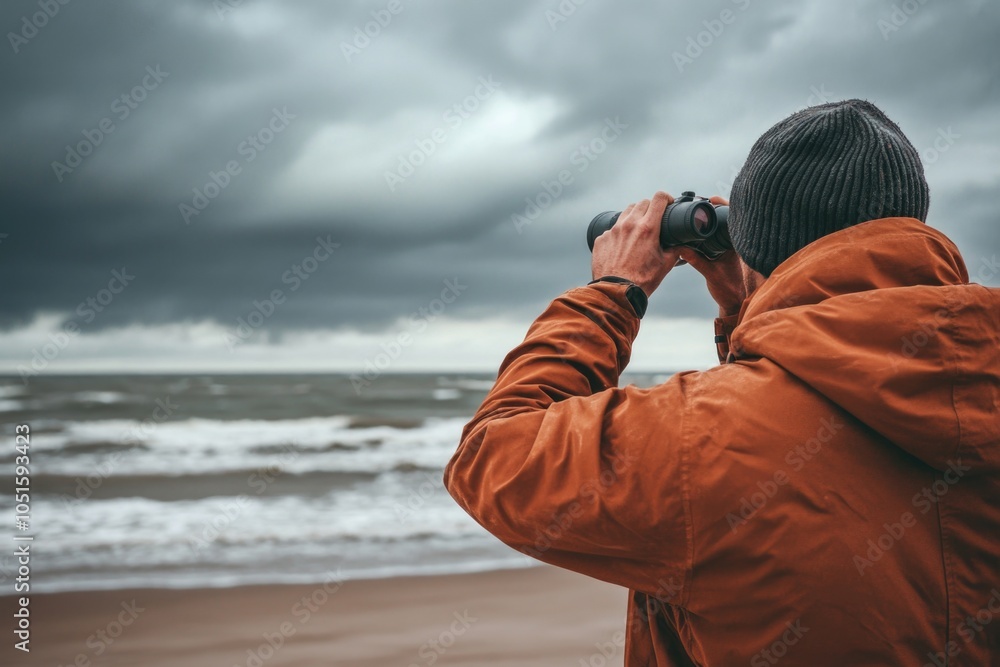 A person standing on a beach, observing the ocean through binoculars A person standing on a beach, observing the ocean through binoculars