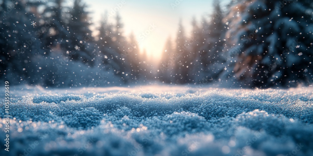 Fototapeta premium Snowy Landscape with Falling Snowflakes in Winter Wonderland