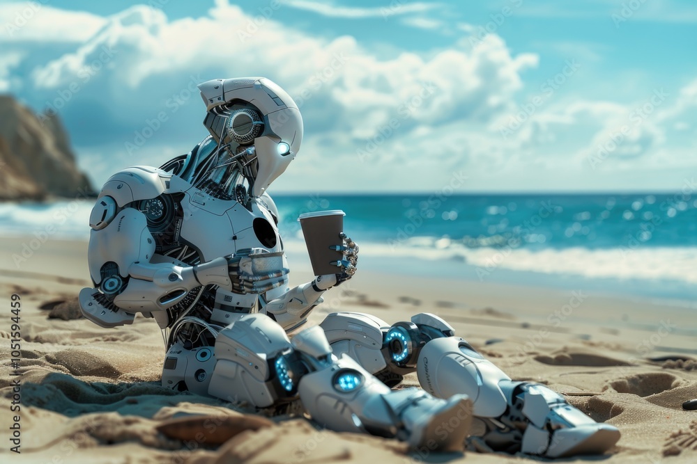A robot sits on a beach, enjoying a cup of coffee and taking in the surroundings A robot sits on a beach, enjoying a cup of coffee and taking in the surroundings