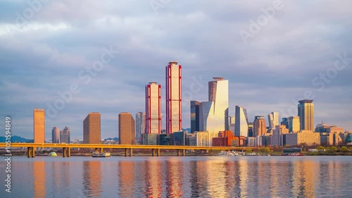 Zoom in timelapse 4k of Yeouido Park is a large recreational area located on Yeouido Island, Modern design building Financial Business District, Yeouido District, Seoul, South Korea