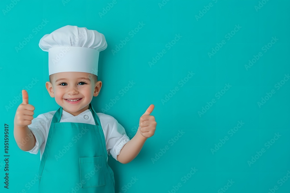 A cheerful child in a chef's outfit gives thumbs up against a bright turquoise background, exuding joy and excitement for cooking. A cheerful child in a chef's outfit gives thumbs up against a bright turquoise background, exuding joy and excitement for cooking.
