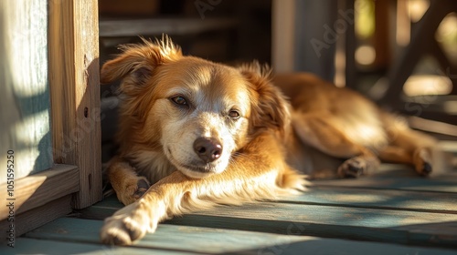 Serene image of a happy dog lounging on a sunny porch, soaking up the rays and enjoying a peaceful moment.