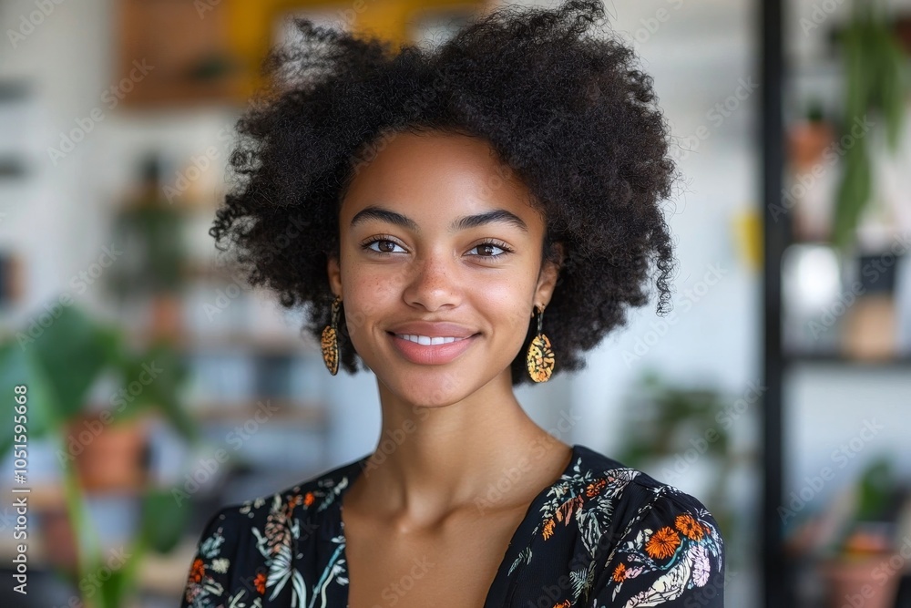 Fototapeta premium Confident black woman with afro hair smiling in a startup office, Generative AI