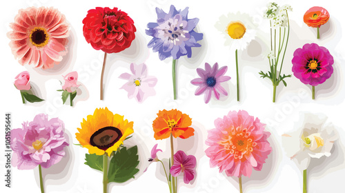 Set of different beautiful flowers on white background