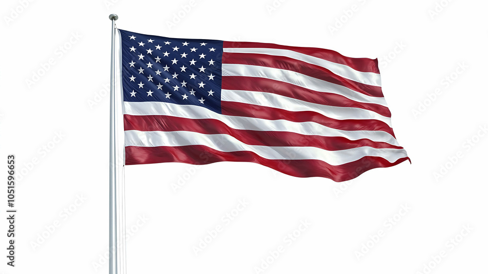 A Usa flag, clearly visible, waving on a flagpole against a white background. A Usa flag, clearly visible, waving on a flagpole against a white background.
