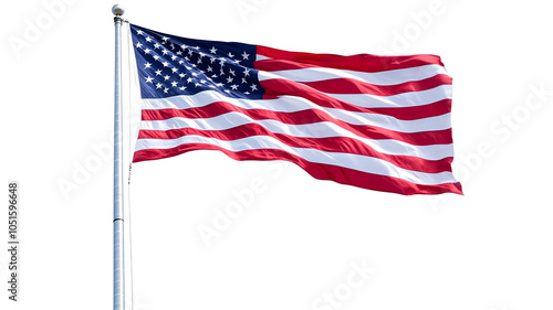 A Usa flag, clearly visible, waving on a flagpole against a white background. 