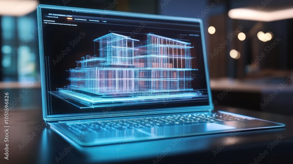 A modern laptop displays a digital architectural rendering of a home ...