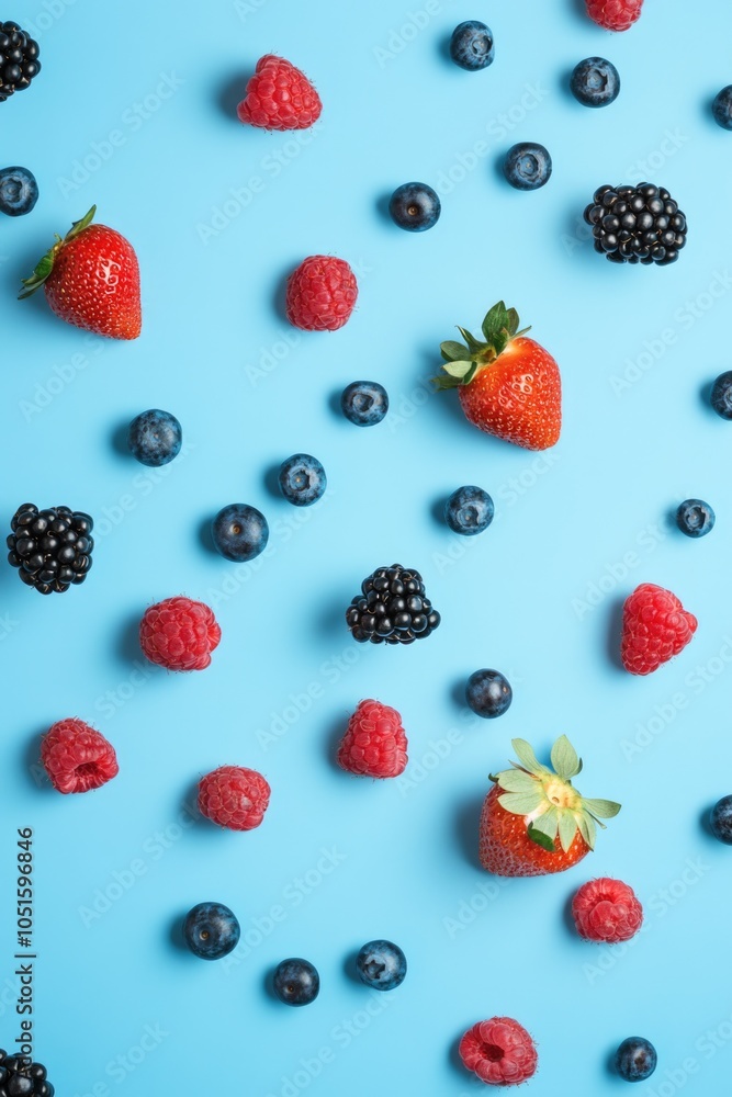 A basket of fresh berries and raspberries against a blue background, perfect for use in food or still life photography A basket of fresh berries and raspberries against a blue background, perfect for use in food or still life photography
