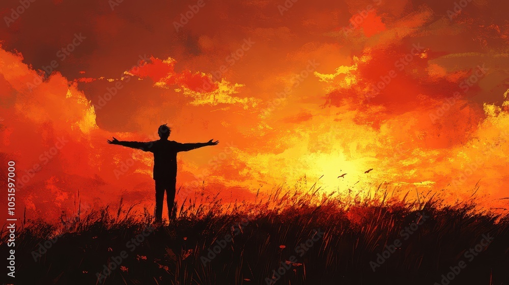 Fototapeta premium Silhouette of a figure standing on a hill at sunset, arms outstretched, embracing the beauty of the moment.