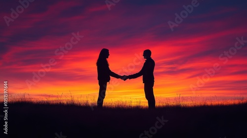 Wallpaper Mural Silhouettes of two people shaking hands at sunset, creating a dramatic and impactful scene. Torontodigital.ca