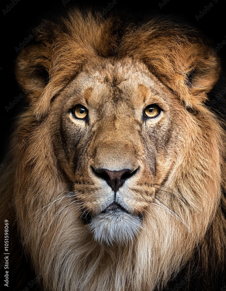 Fototapeta premium Primer plano de la cara de un leon mirando fijamente sobre fondo negro