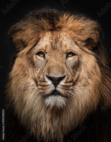 Primer plano de la cara de un leon mirando fijamente sobre fondo negro