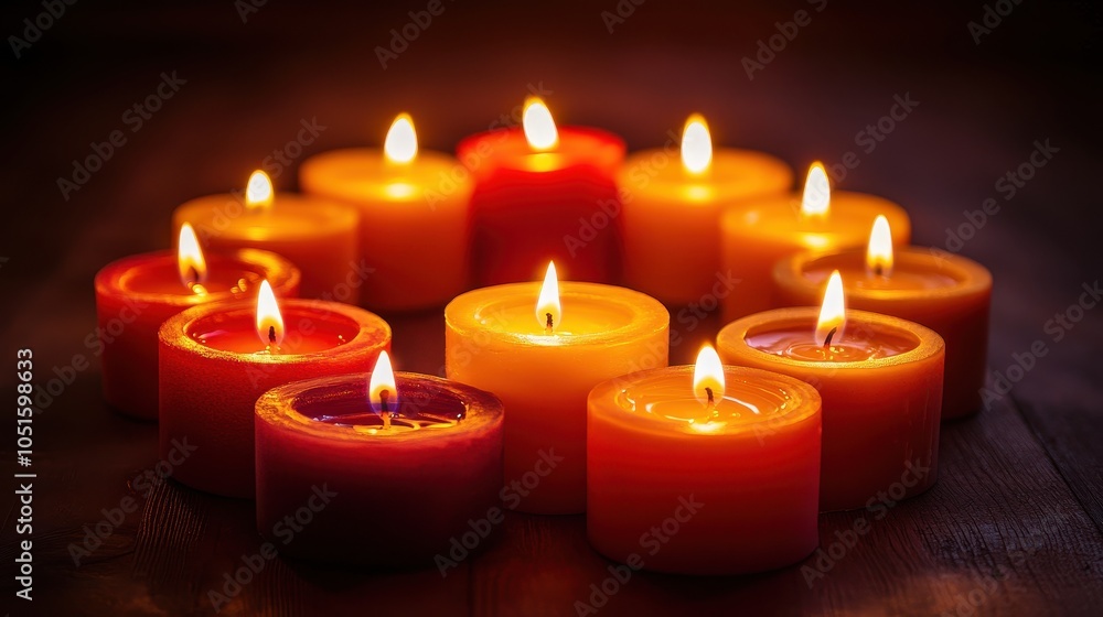 Soft glow of candles arranged in a circle, creating an intimate and serene ambiance in a dimly lit room. Soft glow of candles arranged in a circle, creating an intimate and serene ambiance in a dimly lit room.