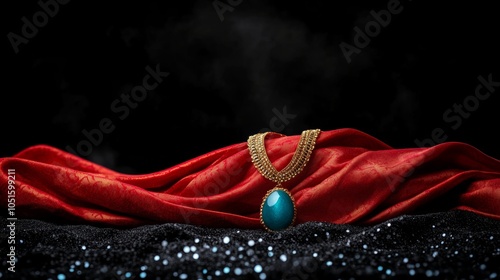 Elegant Gold Necklace with Blue Gemstone on Red Silk Fabric