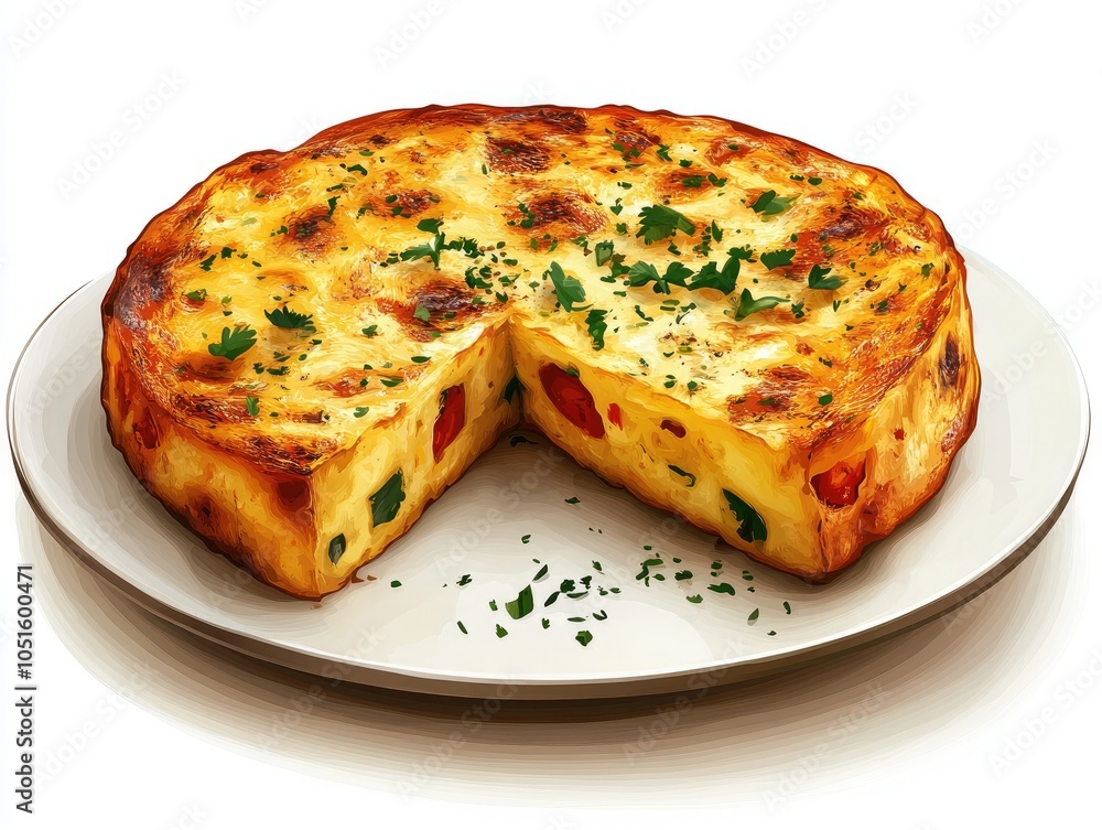 A delicious quiche with a slice cut out, garnished with parsley, served on a white plate. A delicious quiche with a slice cut out, garnished with parsley, served on a white plate.