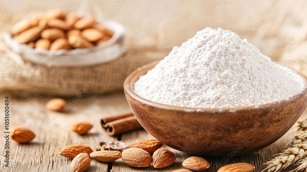 Almond flour in a rustic bowl with raw almonds on wooden table Almond flour in a rustic bowl with raw almonds on wooden table