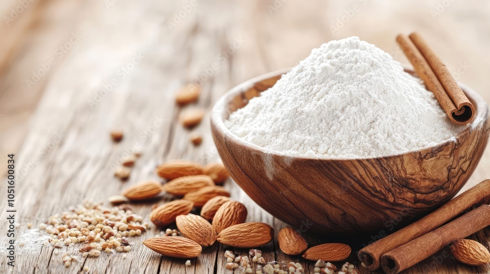 Bowl of flour with almonds and cinnamon sticks on wooden table background. Bowl of flour with almonds and cinnamon sticks on wooden table background.