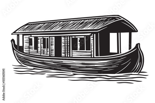 Kerala Houseboat Vector Illustration in Black and White Vintage Woodcut Style photo