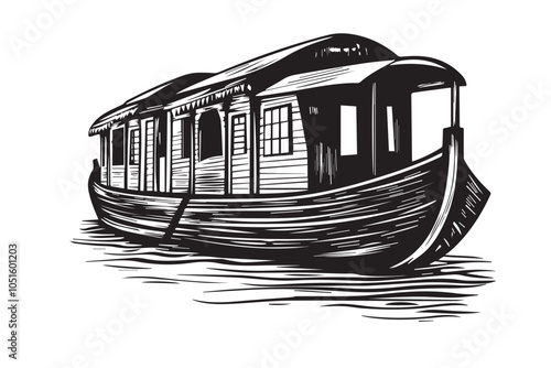 Traditional Kerala Houseboat on River in Black and White Woodcut Artwork