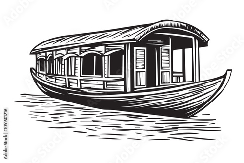 Indian Houseboat Illustration in Vintage Black and White Woodcut for Travel Art