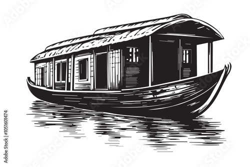 Detailed Vintage Illustration of Kerala Houseboat on Lake for Indian Travel Art photo