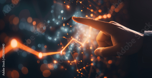 Businessman touching growth graph arrow going up with hologram icon rising and growing line chart on virtual screen