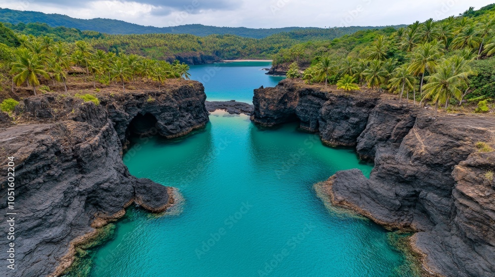 Fototapeta premium Tropical Lagoon Hidden Between Volcanic Cliffs Lush Green Foliage Crystal Clear Water
