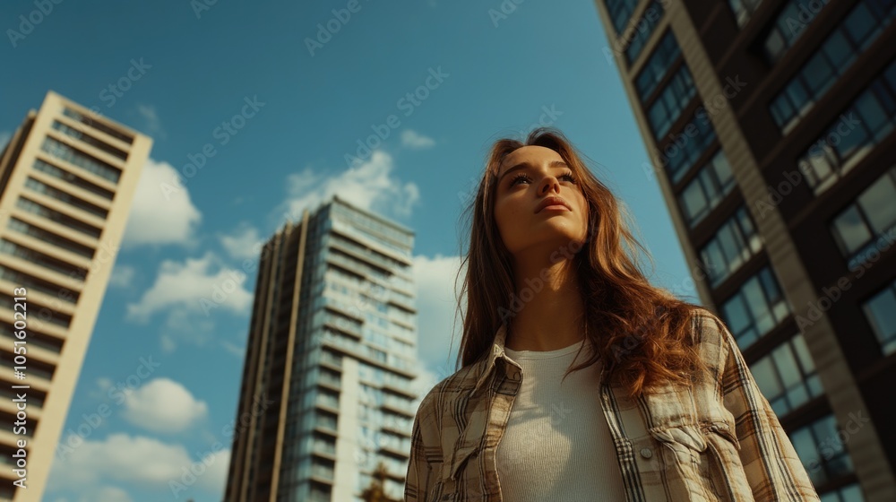 Fototapeta premium A person outdoors looking at a large urban structure