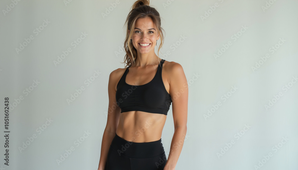 A woman in a black sports bra and leggings is standing in front of a white wall, smiling and looking directly at the camera, with her hair pulled back in a ponytail.