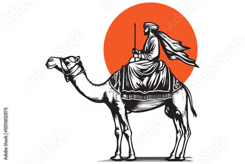 Traditional Arab Nomad Riding Camel - Black and White Engraving Art
