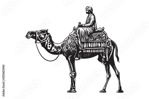 Royal Rajasthani Man on Camel - Black and White Vintage Woodcut Illustration