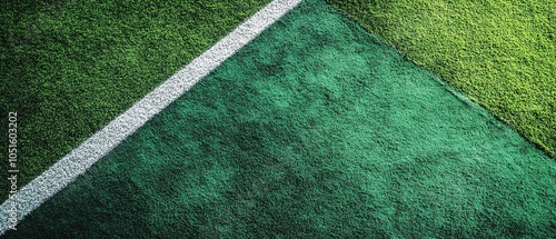 Detailed closeup of a lush green sports field with bright white corner lines, vibrant colors, and sharp contrasts, highlighting the beauty of athletic venues photo