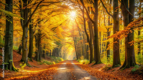 Golden sunlight illuminates a picturesque path through an autumn forest photo