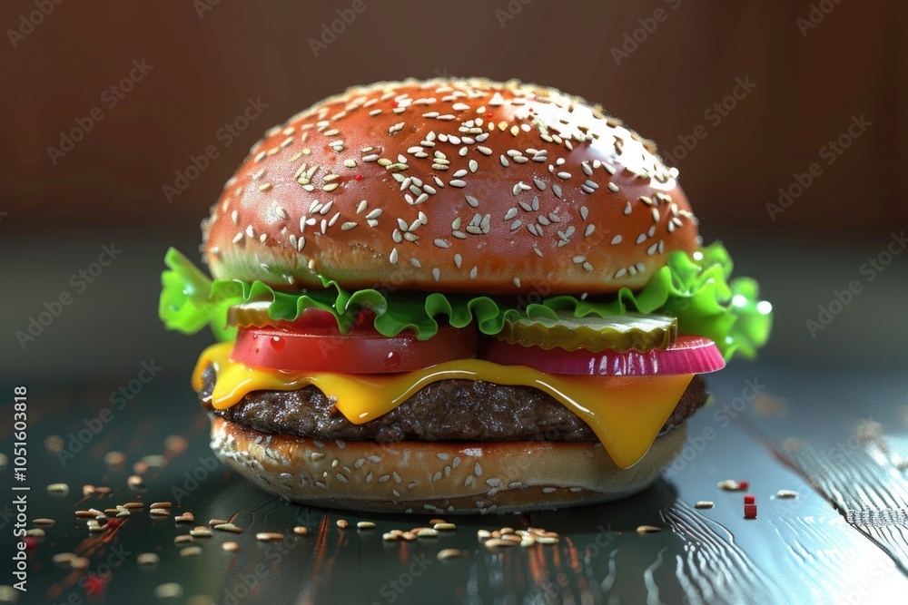 Freshly made burger topped with crisp lettuce, juicy tomato, and melted cheese on a toasted bun Freshly made burger topped with crisp lettuce, juicy tomato, and melted cheese on a toasted bun