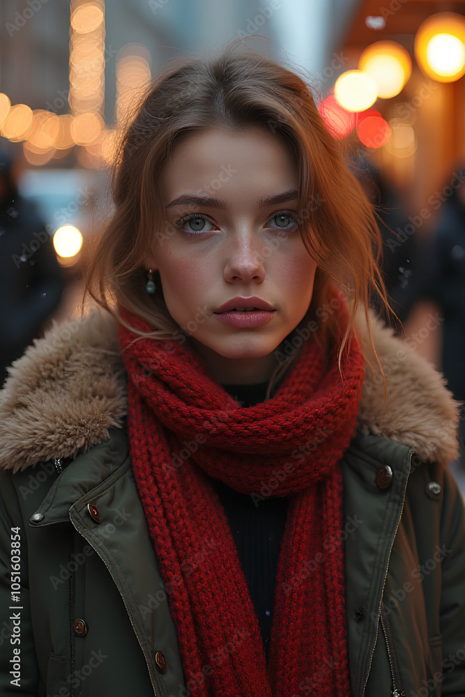 Young Woman in a Warm Jacket with Red Scarf Around Her Neck, Winter Mood, Outdoor Setting Young Woman in a Warm Jacket with Red Scarf Around Her Neck, Winter Mood, Outdoor Setting