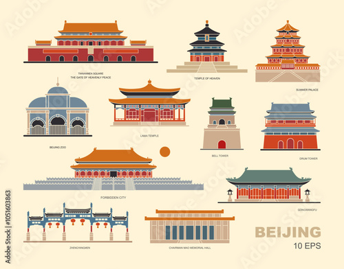Architectural sights of Beijing, China. Vector icons in vintage style