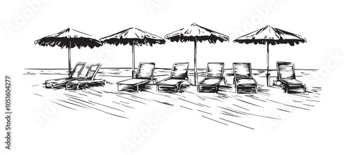 Black and White Vintage Beach Chairs and Parasols - Woodcut Sketch Art
