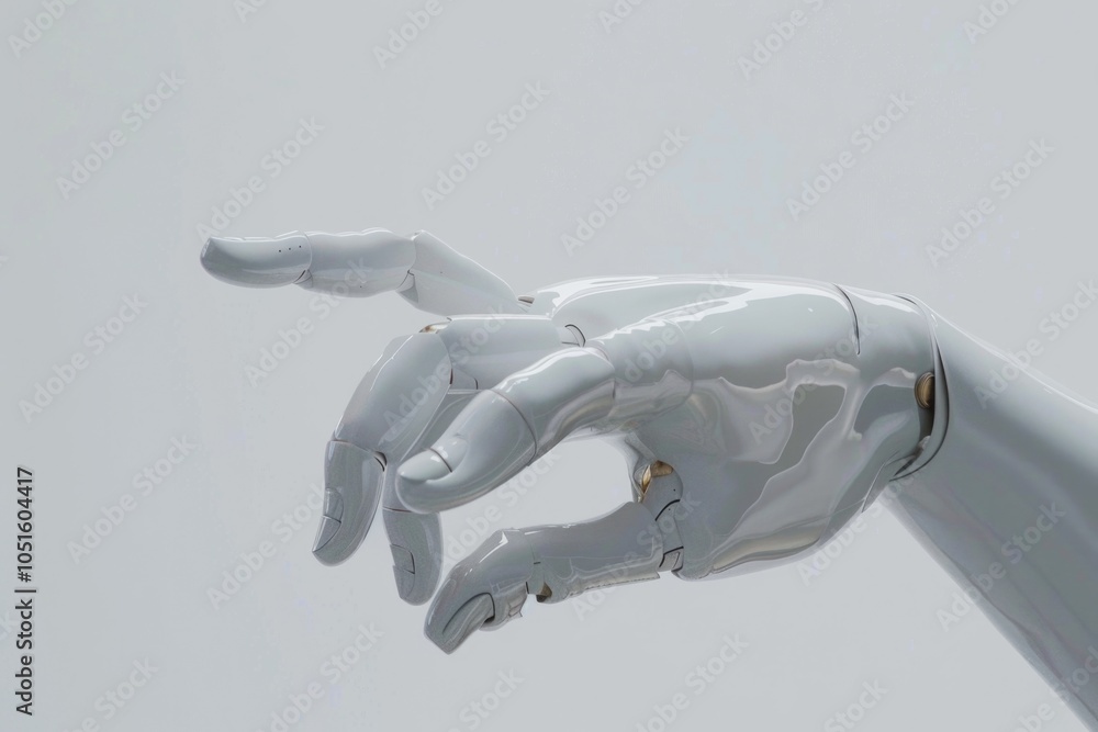 A robotic hand extending upwards, suggesting interaction or connection with an unseen entity A robotic hand extending upwards, suggesting interaction or connection with an unseen entity