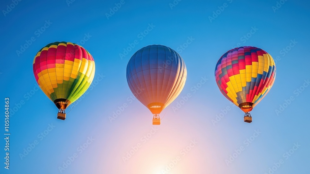 Fototapeta premium Vibrant hot air balloons floating against a clear blue sky, with a stunning sunrise casting golden light on their colorful fabrics.