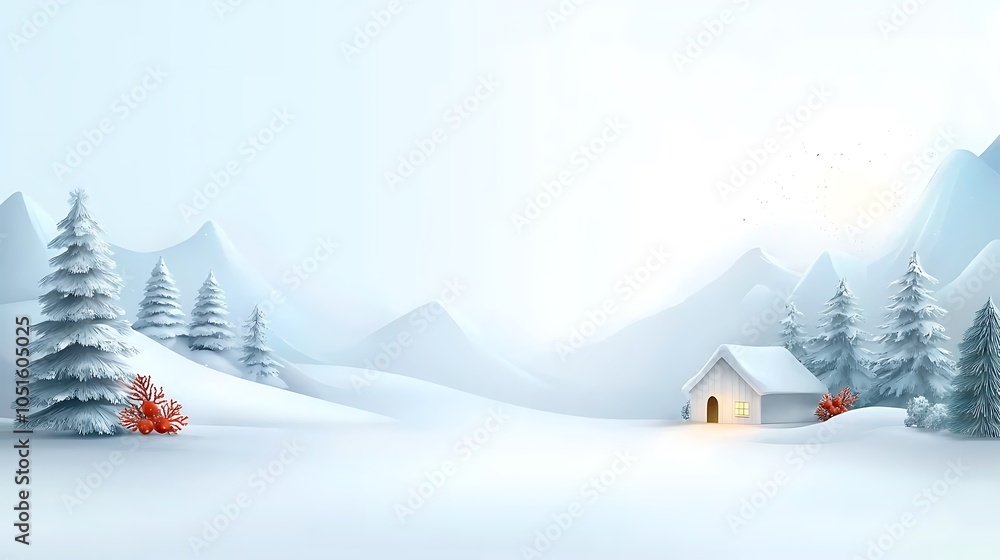 Fototapeta premium A tranquil winter wonderland embrace the serene beauty of nature's snowy landscape with a cozy cabin amidst frosty pines