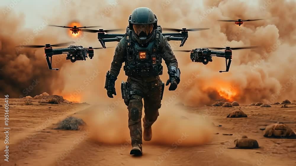 A soldier in high-tech gear strides confidently through a dusty war zone while multiple drones hover nearby, enhancing tactical operations A soldier in high-tech gear strides confidently through a dusty war zone while multiple drones hover nearby, enhancing tactical operations