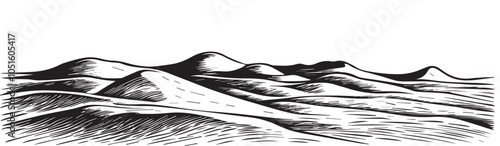 Vintage Desert Mountain Range - Black and White Hand-Drawn Illustration