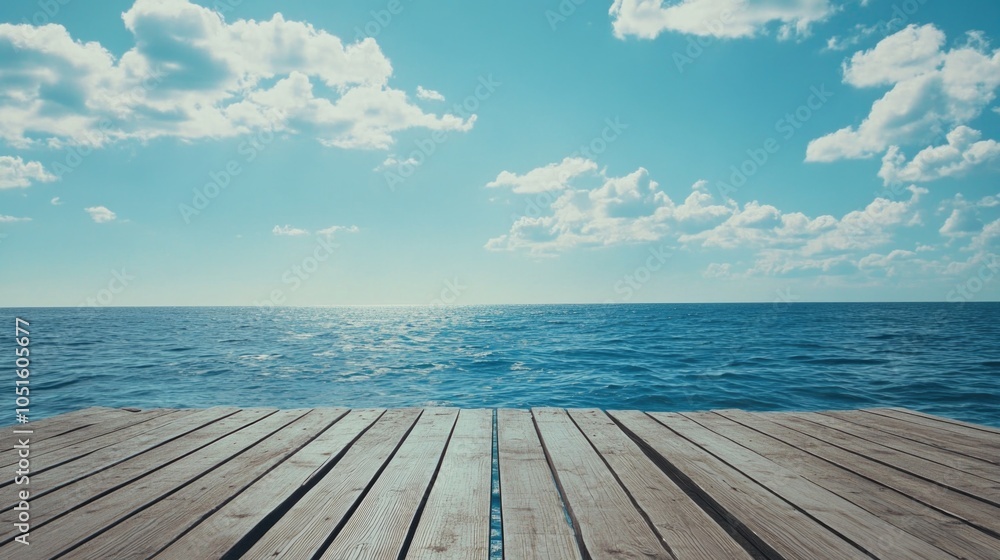 Fototapeta premium A scenic view of the ocean from a wooden dock, perfect for use in travel or beach-themed designs