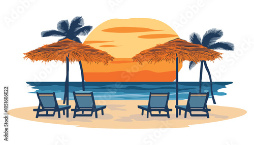 Flat Vector Illustration of Tropical Beach Sunset with Lounge Chairs and Palm Trees