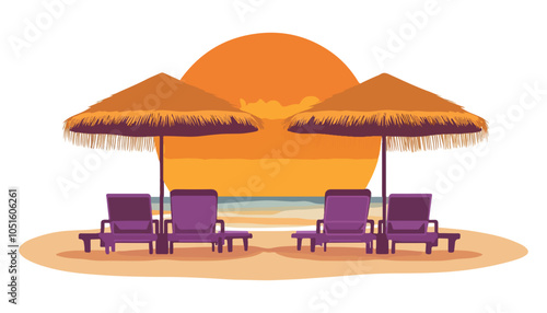 Beach Loungers Under Umbrellas at Sunset - Tropical Flat Vector Illustration