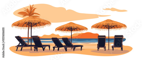 Beach Sunset Travel Scene with Palm Trees and Loungers - Tropical Vacation Illustration
