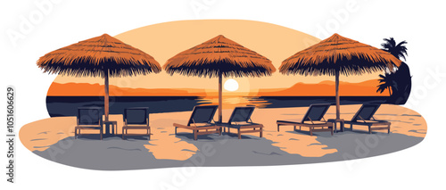 Tropical Beach Vacation - Sunset with Palm Trees, Loungers, and Umbrellas Vector Art